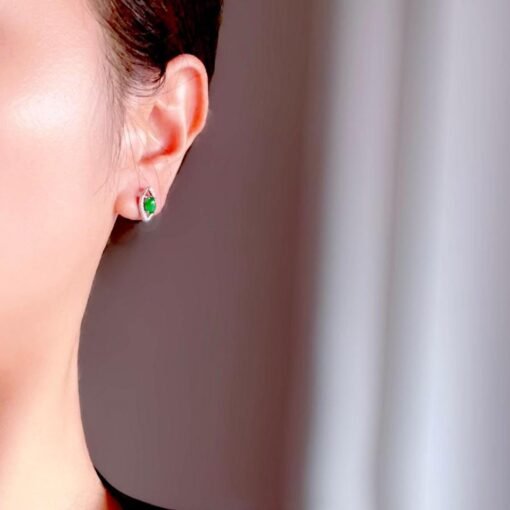 Natural jadeite Stud Earrings /Sterling 925-Silver 18KGold-Plated marquise green jade Studs/Customize gift box/jade silver/anniversary gift - Image 2