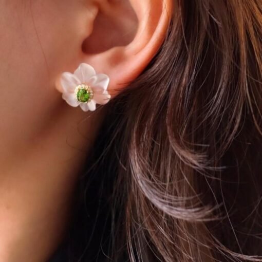 Natural Diopside Stud Earrings with white crystal/Sterling 925Silver 18K Gold-Plated crystal floral Stud/Customize gift box/anniversary gift - Image 2