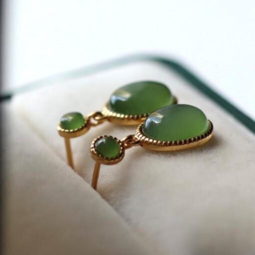 Natural green jade Earrings/Sterling 925 Silver 18K Gold-Plated oval jade drops/Customize gift box/anniversary retro raw jade earrings - Image 3