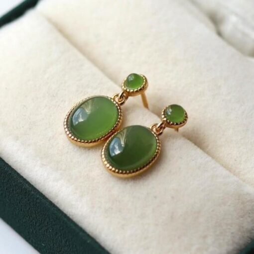 Natural green jade Earrings/Sterling 925 Silver 18K Gold-Plated oval jade drops/Customize gift box/anniversary retro raw jade earrings - Image 4