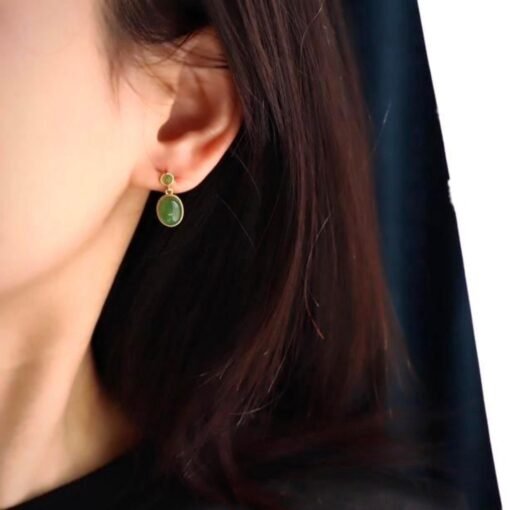 Natural green jade Earrings/Sterling 925 Silver 18K Gold-Plated oval jade drops/Customize gift box/anniversary retro raw jade earrings - Image 2
