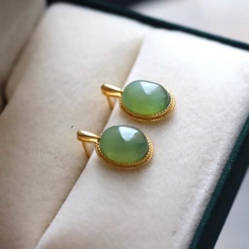 Natural green jade Earrings/Sterling 925 Silver 18K Gold-Plated oval jade drops/Customize gift box/anniversary gift/retro earrings/vintage - Image 5