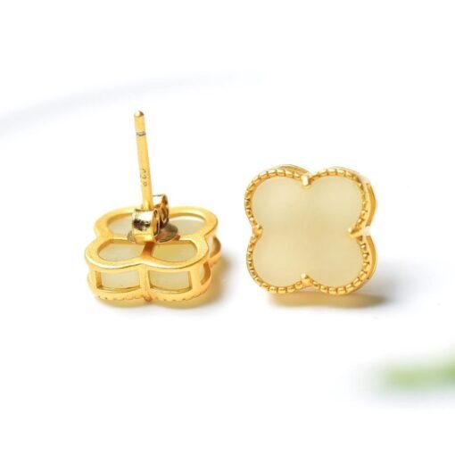 Natural white Nephrite stud Earrings/Sterling 925 Silver 18K Gold-Plated jade studs/Customize gift box/anniversary gift/Clover earrings - Image 4