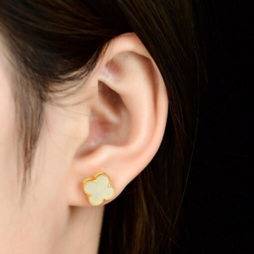 Natural white Nephrite stud Earrings/Sterling 925 Silver 18K Gold-Plated jade studs/Customize gift box/anniversary gift/Clover earrings - Image 2