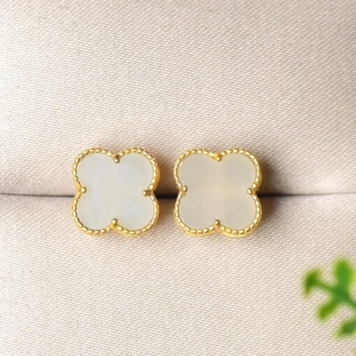 Natural white Nephrite stud Earrings/Sterling 925 Silver 18K Gold-Plated jade studs/Customize gift box/anniversary gift/Clover earrings - Image 5
