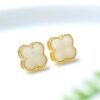 Natural white Nephrite stud Earrings/Sterling 925 Silver 18K Gold-Plated jade studs/Customize gift box/anniversary gift/Clover earrings