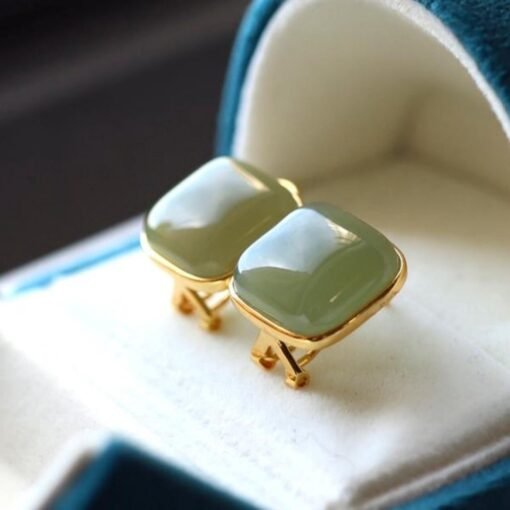Natural green jade Earrings/Sterling 925 Silver 18K Gold-Plated cushion jade studs/Customize gift box/anniversary gift/minimalist vintage - Image 4
