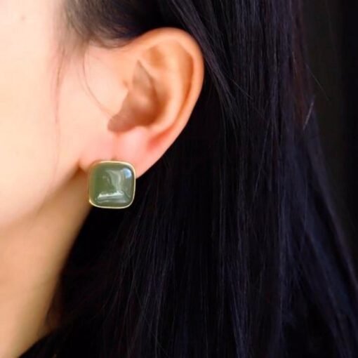 Natural green jade Earrings/Sterling 925 Silver 18K Gold-Plated cushion jade studs/Customize gift box/anniversary gift/minimalist vintage - Image 2