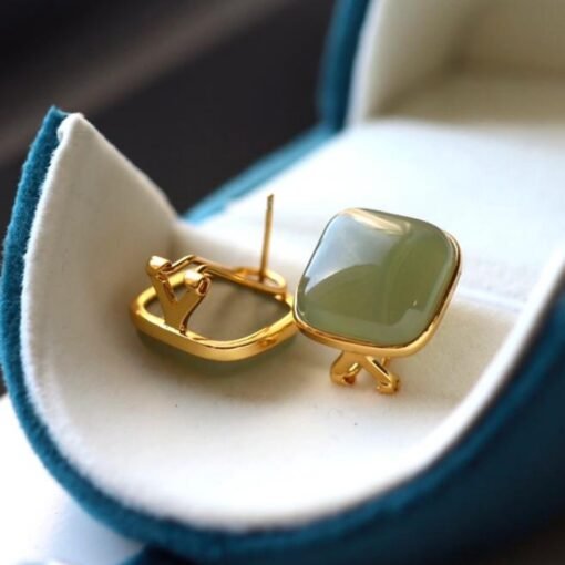 Natural green jade Earrings/Sterling 925 Silver 18K Gold-Plated cushion jade studs/Customize gift box/anniversary gift/minimalist vintage - Image 3
