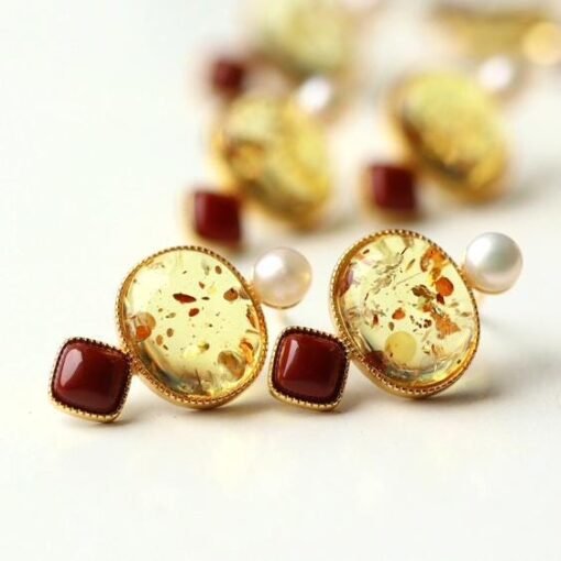 Natural Floral amber Stud Earrings /Sterling 925 Silver 18K Gold-Plated Floral amber Studs with pearl&Southern Red Agate/Customize gift box - Image 4