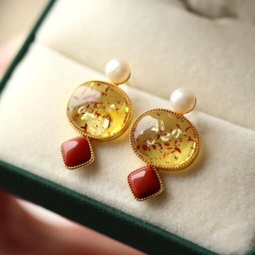 Natural Floral amber Stud Earrings /Sterling 925 Silver 18K Gold-Plated Floral amber Studs with pearl&Southern Red Agate/Customize gift box - Image 3