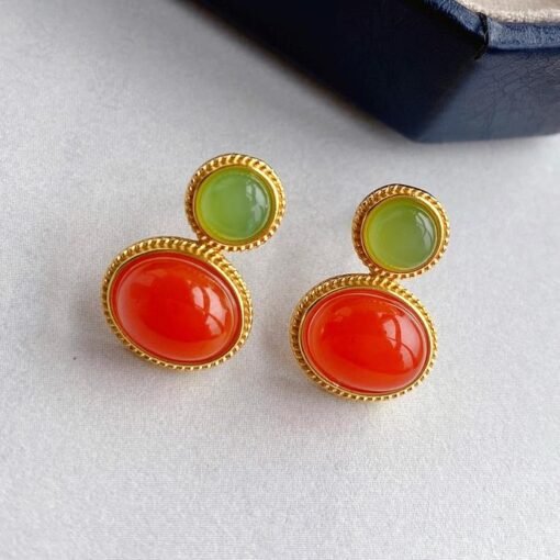Natural Southern Red Agate Stud Earrings /Sterling 925 Silver 18K Gold-Plated agate Studs with green jade/Customize gift box/retro court - Image 4