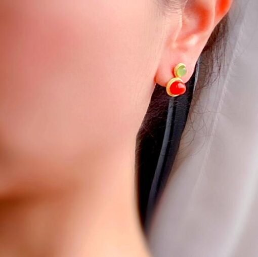 Natural Southern Red Agate Stud Earrings /Sterling 925 Silver 18K Gold-Plated agate Studs with green jade/Customize gift box/retro court - Image 2