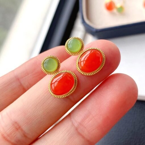 Natural Southern Red Agate Stud Earrings /Sterling 925 Silver 18K Gold-Plated agate Studs with green jade/Customize gift box/retro court - Image 5