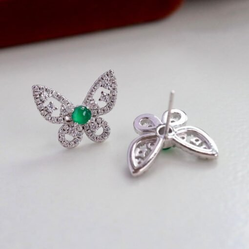 Natural jadeite Stud Earrings /Sterling 925-Silver Gold-Plated round green jade Studs/Customize gift box/butterfly earrings/anniversary gift - Image 4