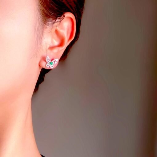Natural jadeite Stud Earrings /Sterling 925-Silver Gold-Plated round green jade Studs/Customize gift box/butterfly earrings/anniversary gift - Image 2