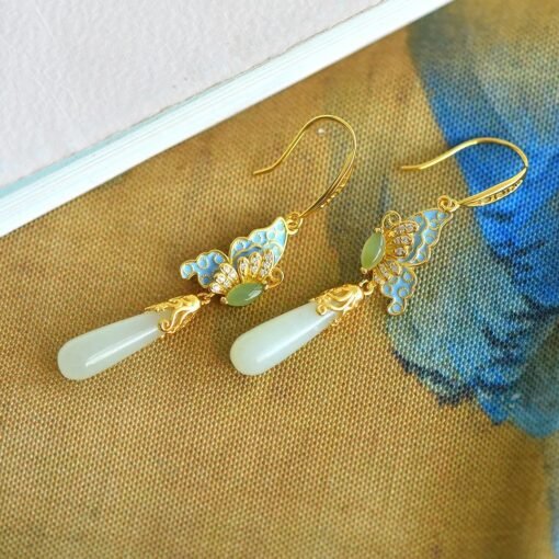 Natural Nephrite dangle & drop Earrings /Sterling 925-Silver enamel jade earrings/Customize gift box/butterfly earrings/anniversary gift - Image 3