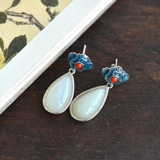 Natural Nephrite dangle & drop Earrings /Sterling 925-Silver enamel Nephrite earrings/Customize gift box/Retro earrings/anniversary gift - Image 5