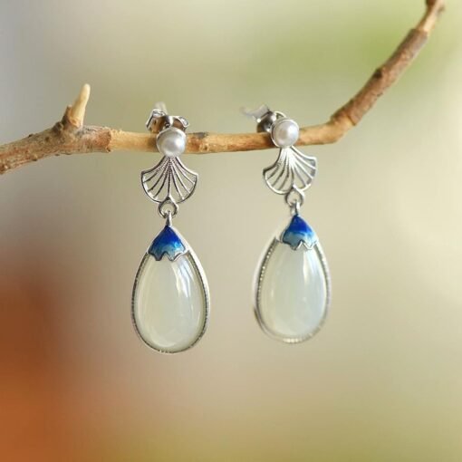Natural Nephrite dangle&drop Earrings /Sterling 925-Silver enamel white Nephrite earrings/Customize gift box/Retro earrings/anniversary gift - Image 3