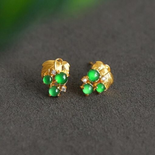 Natural jadeite Stud Earrings /Sterling 925-Silver 18KGold-Plated green jade Studs/Customize gift box/anniversary gift/dainty grape earrings - Image 3