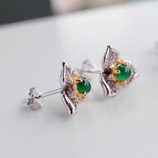 Natural jadeite Stud Earrings /Sterling 925Silver 18KGold-Plated green jade Studs/Customize gift box/anniversary gift/flower-shaped earrings - Image 5