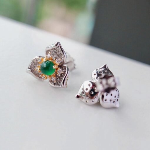 Natural jadeite Stud Earrings /Sterling 925Silver 18KGold-Plated green jade Studs/Customize gift box/anniversary gift/flower-shaped earrings - Image 4