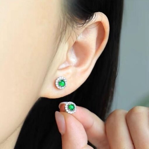 Natural jadeite Stud Earrings /Sterling 925-Silver 18KGold-Plated round green jade Studs/Customize gift box/anniversary gift/dainty earrings - Image 2
