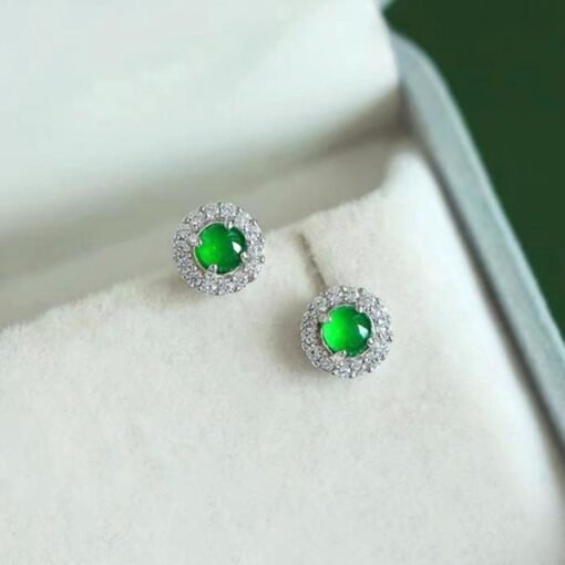Natural jadeite Stud Earrings /Sterling 925-Silver 18KGold-Plated round green jade Studs/Customize gift box/anniversary gift/dainty earrings - Image 3