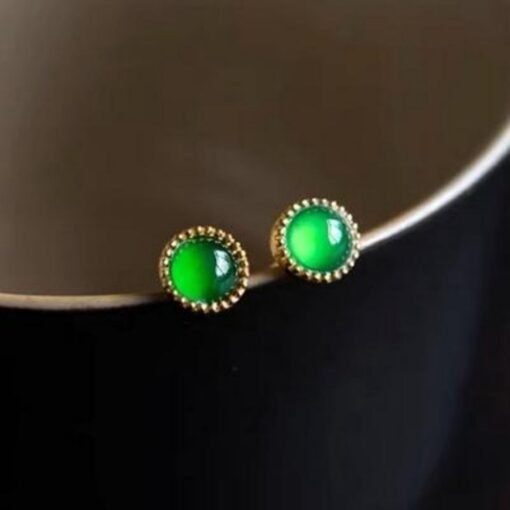 Natural jadeite Stud Earrings /Sterling 925-Silver 18KGold-Plated round green jade Studs/Customize gift box/anniversary gift/minimalist - Image 4