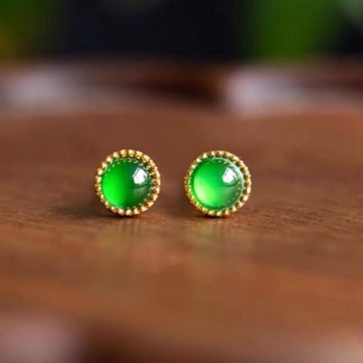 Natural jadeite Stud Earrings /Sterling 925-Silver 18KGold-Plated round green jade Studs/Customize gift box/anniversary gift/minimalist - Image 3