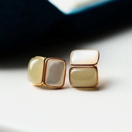 Natural Nephrite Earrings/Sterling 925Silver 18KGold-Plated Nephrite earrings with white mother-of-pearl/Customize gift box/anniversary gift - Image 3