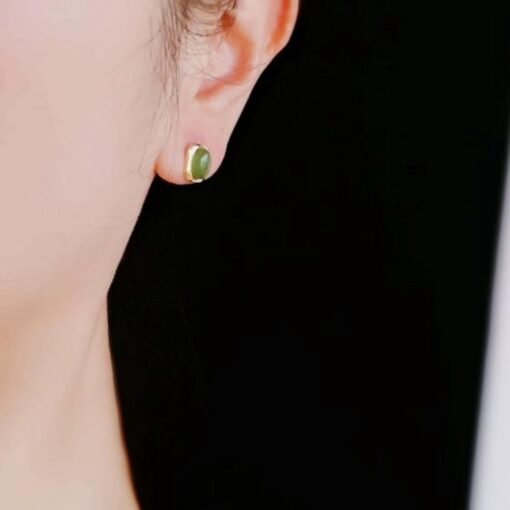 Natural green jade Stud Earrings /Sterling 925-Silver 18KGold-Plated green Nephrite Studs/Customize gift box/anniversary gift/minimalist - Image 2
