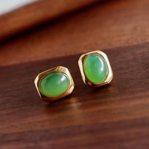 Natural green jade Stud Earrings /Sterling 925-Silver 18KGold-Plated green Nephrite Studs/Customize gift box/anniversary gift/minimalist - Image 5