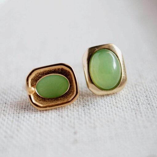 Natural green jade Stud Earrings /Sterling 925-Silver 18KGold-Plated green Nephrite Studs/Customize gift box/anniversary gift/minimalist - Image 4