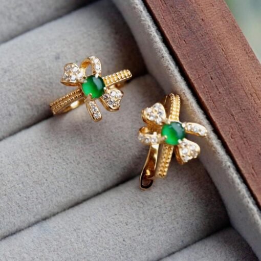 Natural jadeite Stud Earrings /Sterling 925-Silver 18k Gold-Plated green jade Studs/Customize gift box/anniversary gift/Dainty Bow earrings - Image 5