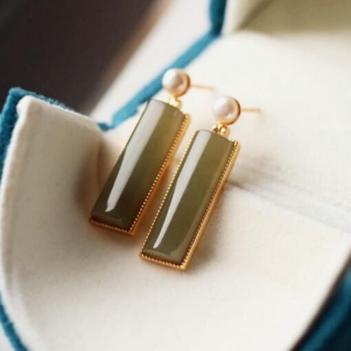 Natural Nephrite Earrings/Sterling 925Silver 18KGold-Plated Nephrite earrings with pearl/Customize gift box/anniversary gift/dainty earrings - Image 3