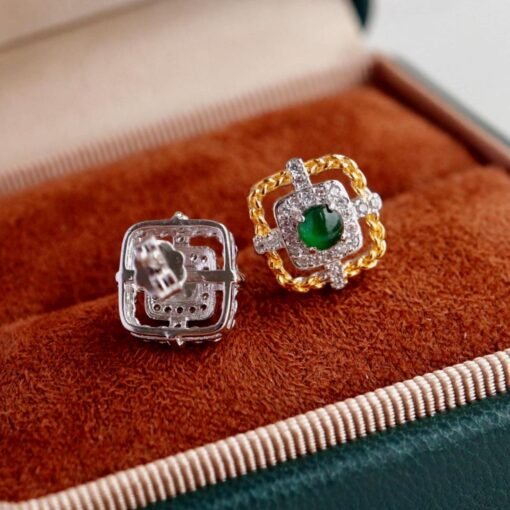 Natural jadeite Stud Earrings /Sterling 925Silver 18k Gold-Plated green jade Studs/Customize gift box/anniversary gift/Dainty retro earrings - Image 4