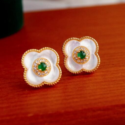 Natural jadeite Stud Earrings /Sterling 925Silver Gold-Plated green jade Studs with white shell/Customize gift box/four-leaf clover earrings - Image 5