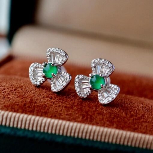 Natural jadeite Stud Earrings /Sterling 925Silver 18kGold-Plated green jade Studs/Customize gift box/anniversary gift/Dainty clover earrings - Image 4