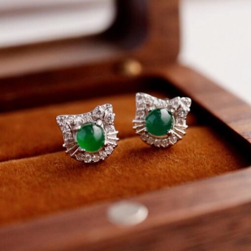 Natural jadeite Stud Earrings /Sterling 925 Silver 18k Gold-Plated green jade Studs/Customize gift box/anniversary gift/Dainty cat earrings - Image 5