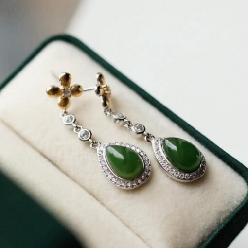 Natural green jade dangle Earrings/Sterling 925-Silver 18KGold-Plated  green Nephrite drops/Customize gift box/anniversary gift/unique gift - Image 5