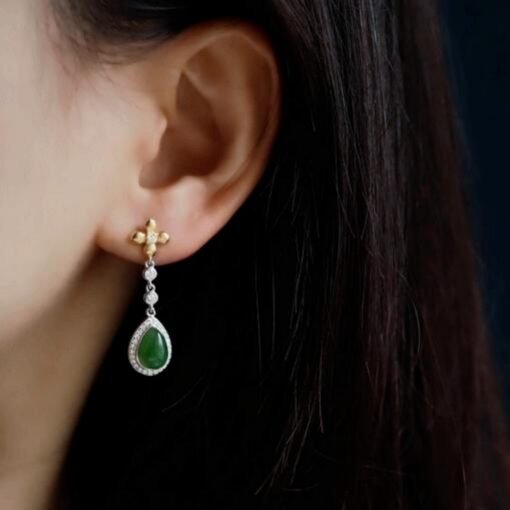 Natural green jade dangle Earrings/Sterling 925-Silver 18KGold-Plated  green Nephrite drops/Customize gift box/anniversary gift/unique gift - Image 2