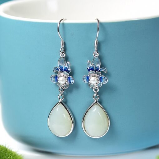 Natural Nephrite dangle Earrings /Sterling 925-Silver enamel Nephrite drop earrings/Customize gift box/Retro earrings/anniversary gift - Image 3