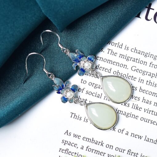 Natural Nephrite dangle Earrings /Sterling 925-Silver enamel Nephrite drop earrings/Customize gift box/Retro earrings/anniversary gift - Image 4