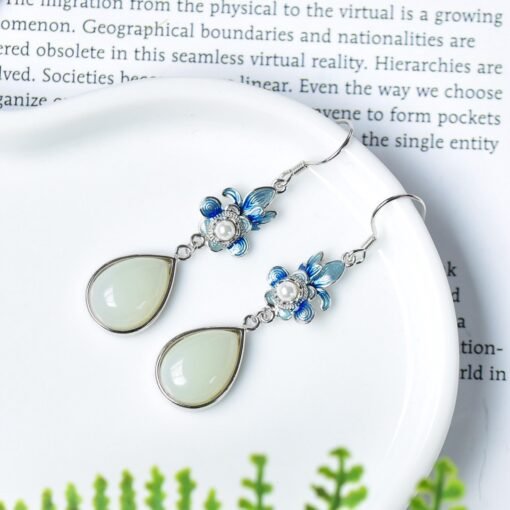Natural Nephrite dangle Earrings /Sterling 925-Silver enamel Nephrite drop earrings/Customize gift box/Retro earrings/anniversary gift