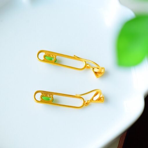 Natural green jade dangle Earrings/Sterling 925Silver 18KGold-Plated green Nephrite drops/Customize gift box/anniversary gift/geometric line - Image 4