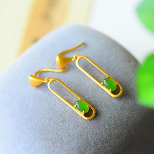 Natural green jade dangle Earrings/Sterling 925Silver 18KGold-Plated green Nephrite drops/Customize gift box/anniversary gift/geometric line - Image 2