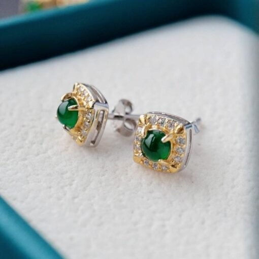 Natural jadeite Stud Earrings /Sterling 925Silver 18k Gold-Plated green jade Studs/Customize gift box/anniversary gift/Retro jade earrings - Image 4