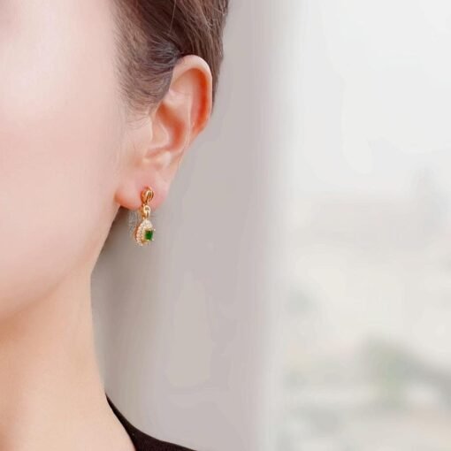 Natural green jadeite dangle Earrings/Sterling 925Silver 18KGold-Plated jade drops/Customize gift box/anniversary gift/retro raw jade drops - Image 2