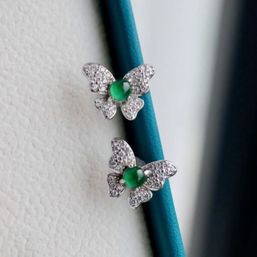Natural jadeite Stud Earrings /Sterling 925 Silver 18k Gold-Plated green jade Studs/Customize gift box/anniversary gift/butterfly earrings - Image 5